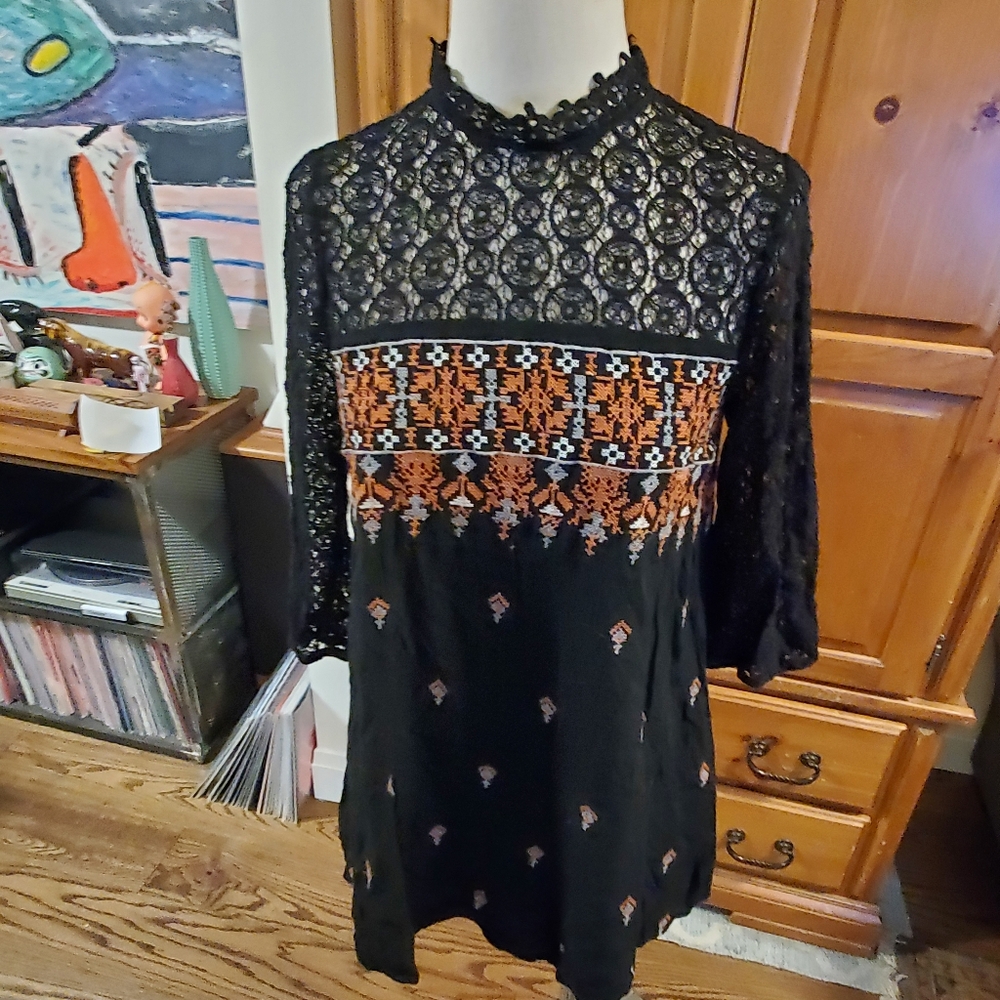 Doen Style Mini Tent Vintage Mini Swing 70s Small Black and Orange Lace Dress - Picture 4 of 14